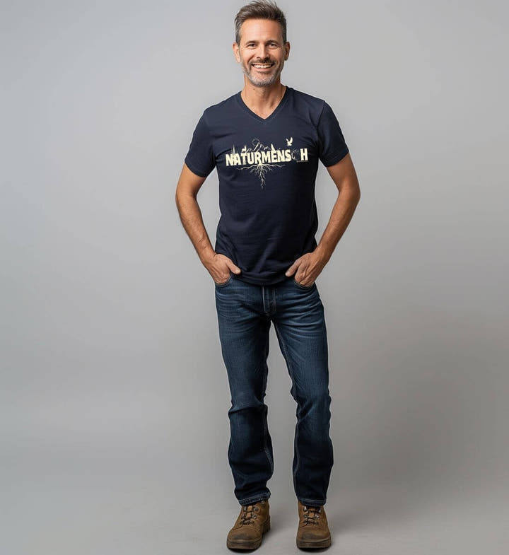 Naturmenschen Bio V-Neck T-Shirt Herren – Modelbild (100% Bio-Baumwolle) von Rad&Rucksack