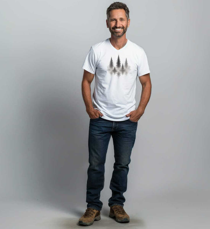 Nebelwald Bio V-Neck T-Shirt Herren – Modelbild (100% Bio-Baumwolle) von Rad&Rucksack