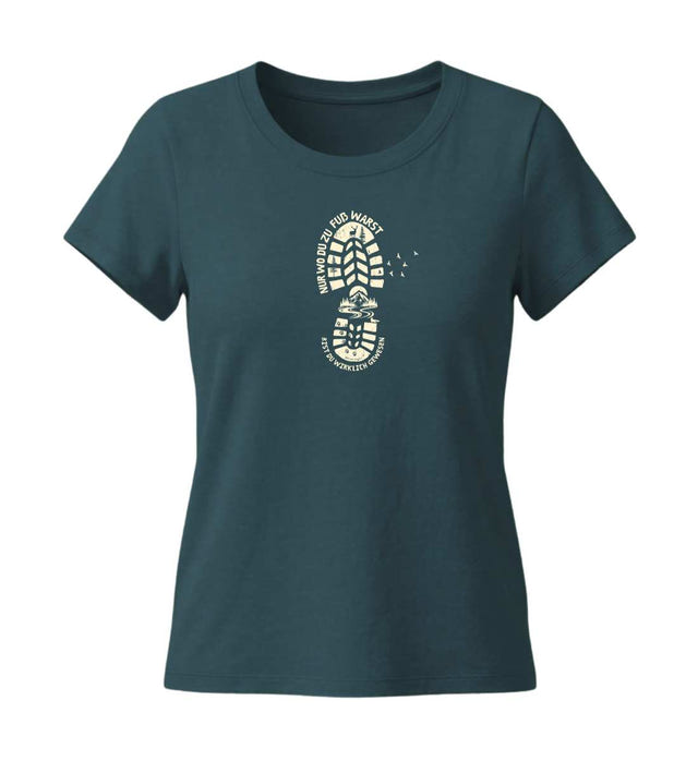 Nur Wo Du zu Fuß Warst T-Shirt Damen Blaugrün (Stargazer) – Produktbild (155 g/m² Bio-Baumwolle, tailliert) von Rad&Rucksack