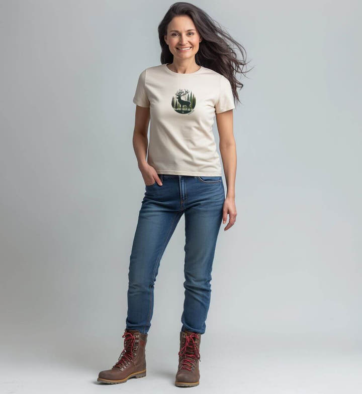 Offline Hirsch Bio T-Shirt Damen – Modelbild (100% Bio-Baumwolle) von Rad&Rucksack