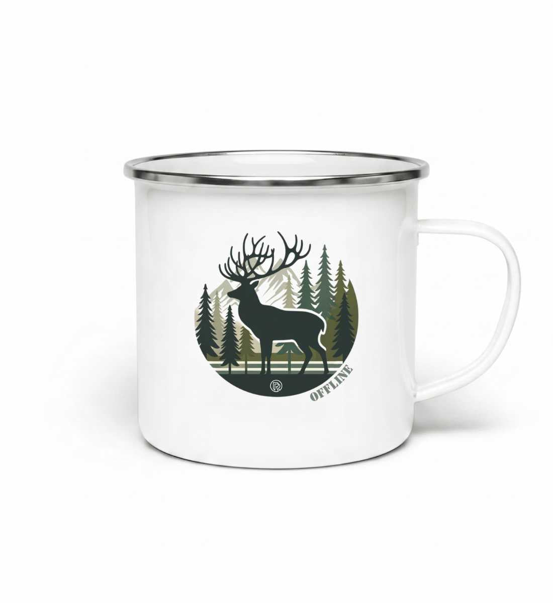 Offline Hirsch | Emaille Tasse von Rad&Rucksack - am Model präsentiert