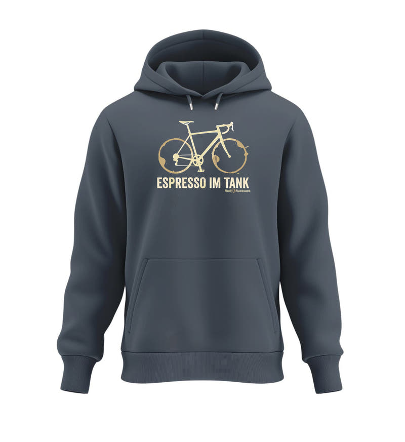Rennrad & Kaffee | Unisex Organic Hoodie in India Ink Grey von Rad&Rucksack