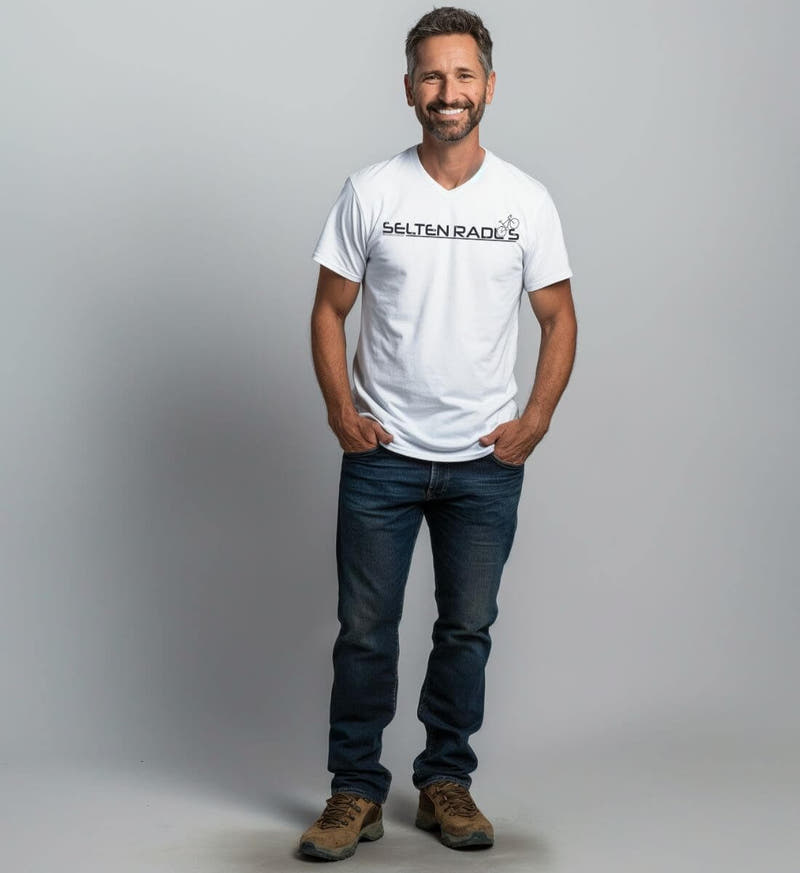 Selten-radlos | Herren V-Neck Premium Organic T-Shirt von Rad&Rucksack - am Model präsentiert