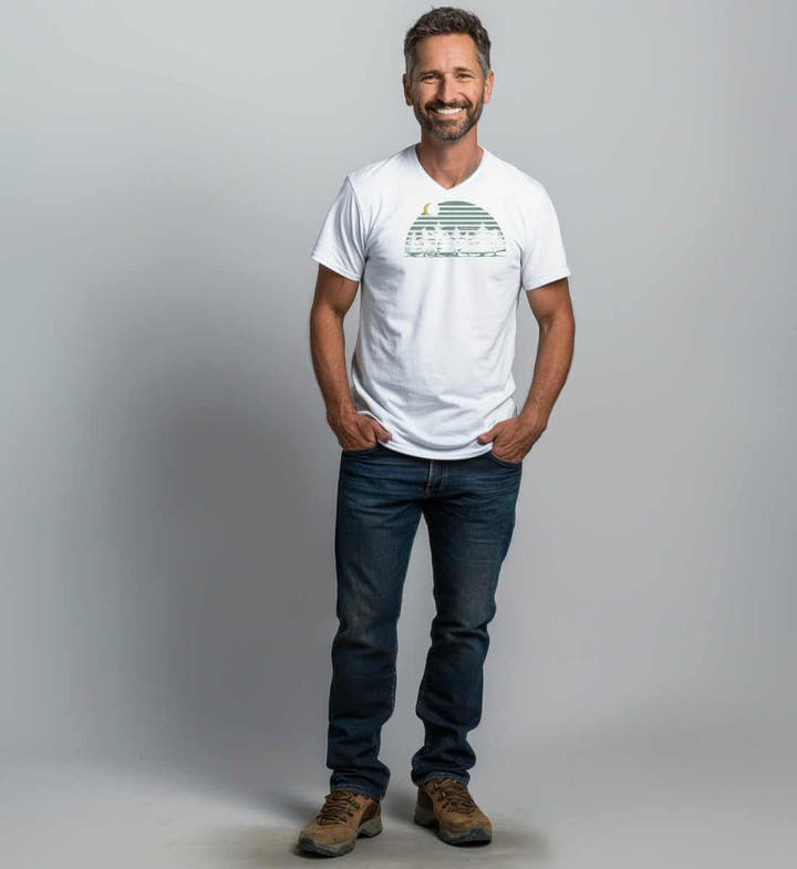 Tannenwald Bio V-Neck T-Shirt Herren – Modelbild (100% Bio-Baumwolle) von Rad&Rucksack