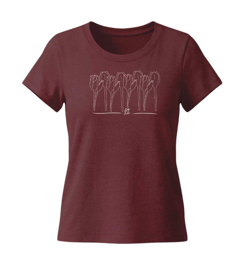 Tulpen T-Shirt Damen Tailliert in Weinrot (Burgundy) – Produktbild (155 g/m² Bio-Baumwolle, tailliert) von Rad&Rucksack