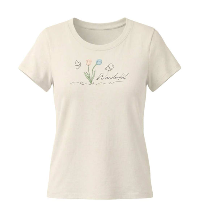 Tulpen Wanderful T-Shirt Damen Naturweiß (Natural Raw) – Produktbild (155 g/m² Bio-Baumwolle, tailliert) von Rad&Rucksack