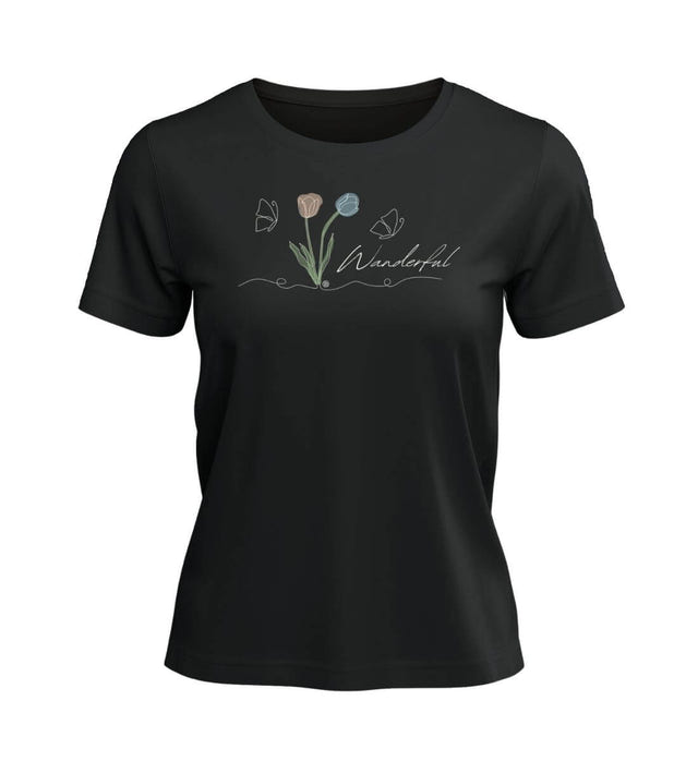 Tulpen Wanderful T-Shirt Damen Schwarz – Produktbild (100% Bio-Baumwolle) von Rad&Rucksack