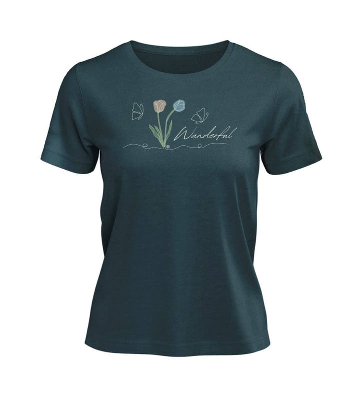 Tulpen Wanderful Bio T-Shirt Damen in Blaugrün (Stargazer) – Produktbild (100% Bio-Baumwolle) von Rad&Rucksack