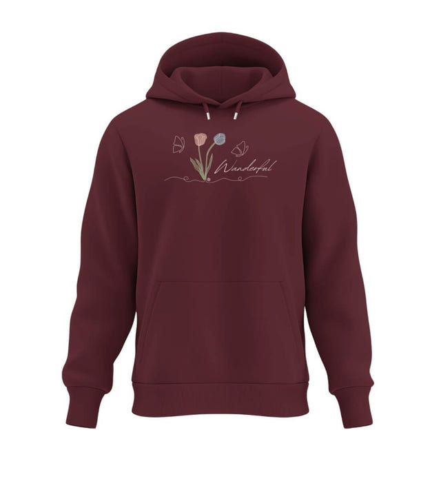 Tulpen Wanderful Kapuzenpullover in Weinrot (Burgundy) – Produktbild (350 g/m² Bio-Baumwolle) von Rad&Rucksack