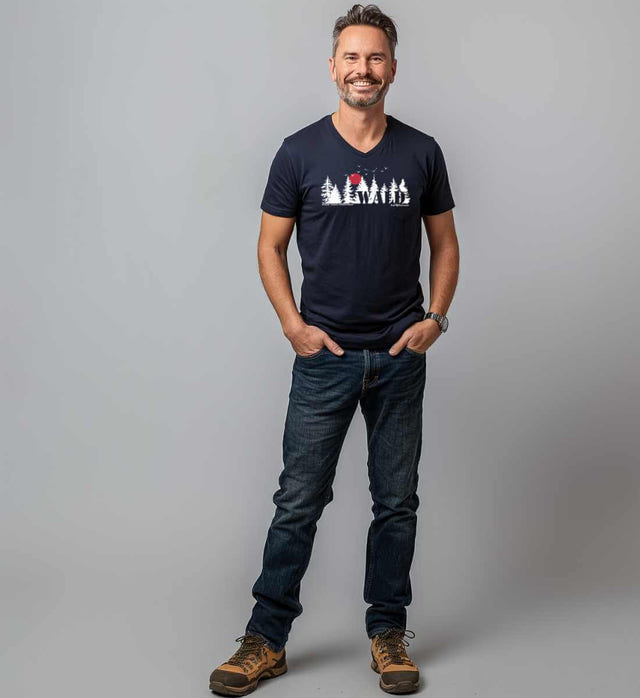 Geschenk Wäldern V-Neck T-Shirt – Detailaufnahme (100% Bio-Baumwolle) von Rad&Rucksack