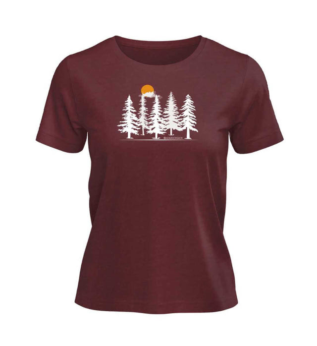Wald Forest T-Shirt Damen Weinrot (Burgundy) – Produktbild (100% Bio-Baumwolle) von Rad&Rucksack