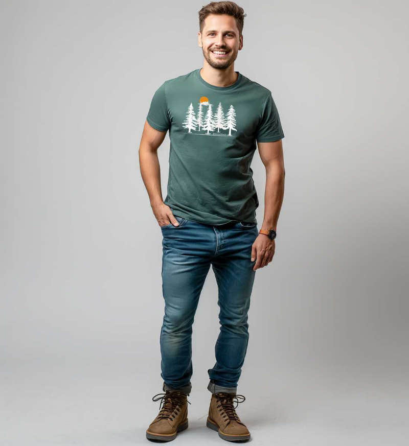 T-Shirt mit Baum Logo Herren „Wald Forest“ – Modelbild (100% Bio-Baumwolle) von Rad&Rucksack