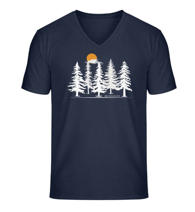 Forst V-Neck T-Shirt Herren „Wald Forest“ in Dunkelblau (French Navy) – Produktbild (100% Bio-Baumwolle) von Rad&Rucksack