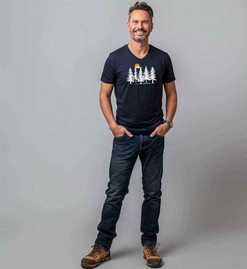 Wald Forest | Herren V-Neck Premium Organic T-Shirt von Rad&Rucksack - am Model präsentiert