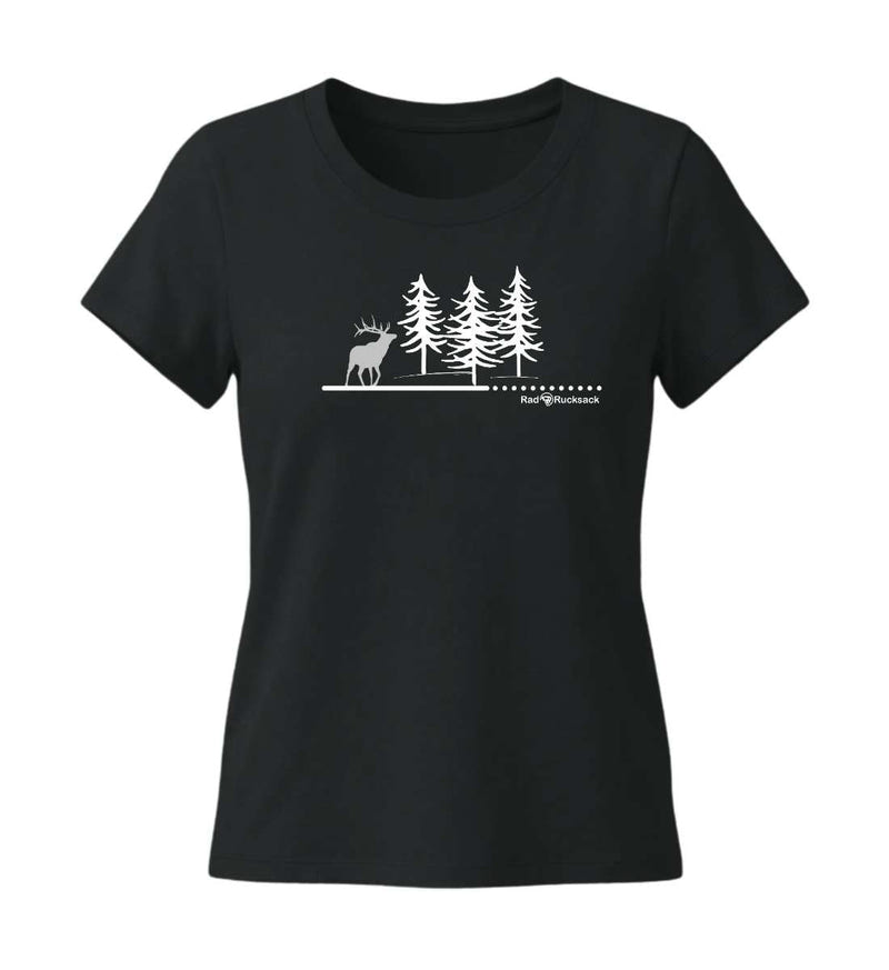 Wald Hirsch T-Shirt Damen Tailliert in Schwarz (Black) – Produktbild (155 g/m² Bio-Baumwolle, tailliert) von Rad&Rucksack