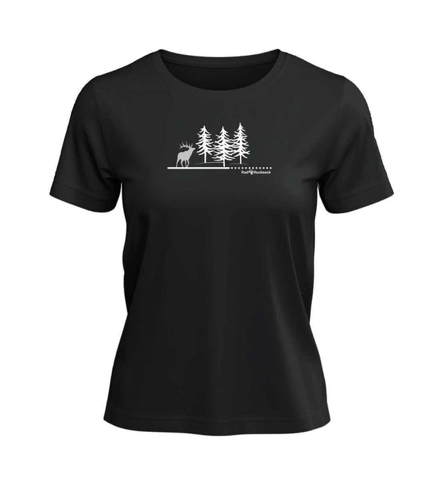 Outdoor T-Shirt Wald Hirsch Damen in Schwarz (Black) – Produktbild (100% Bio-Baumwolle) von Rad&Rucksack