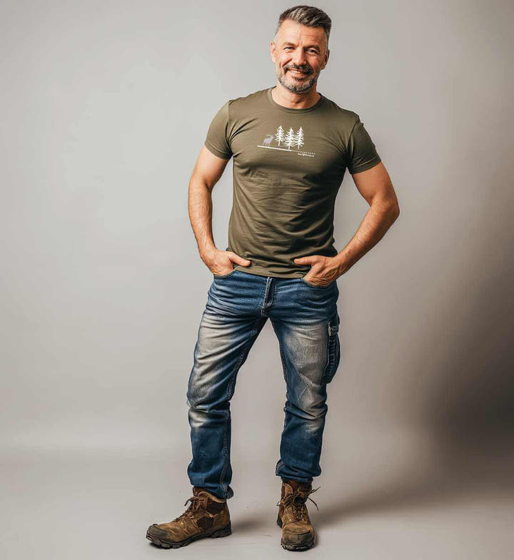 Wald Hirsch Bio T-Shirt Herren – Modelbild (100% Bio-Baumwolle) von Rad&Rucksack