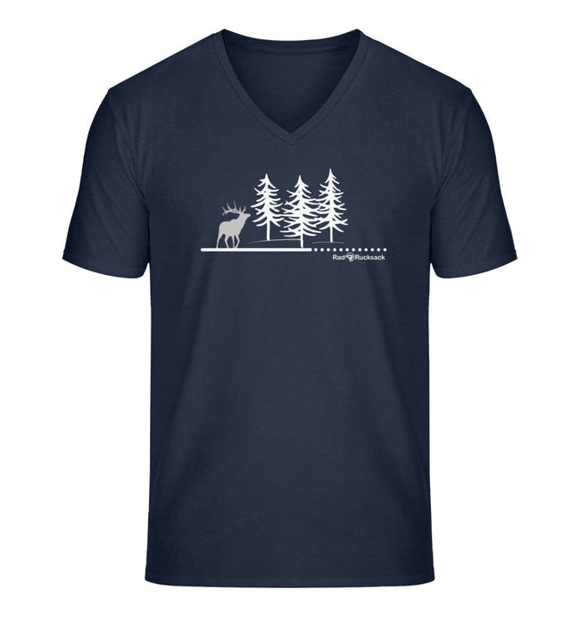 Outdoor V-Neck T-Shirt Wald Hirsch Herren in Dunkelblau (French Navy) – Produktbild (100% Bio-Baumwolle) von Rad&Rucksack