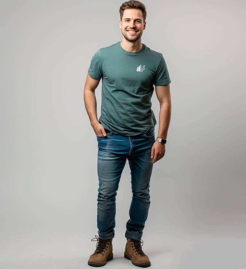Wald Wolf T-Shirt Bestickt Herren – Modelbild (100% Bio-Baumwolle) von Rad&Rucksack