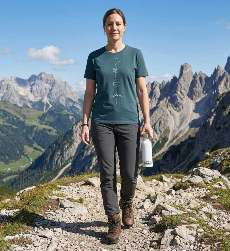 Wander Set T-Shirt Damen „Wandern Sonne Berg“ – Modelbild (100% Bio-Baumwolle) von Rad&Rucksack