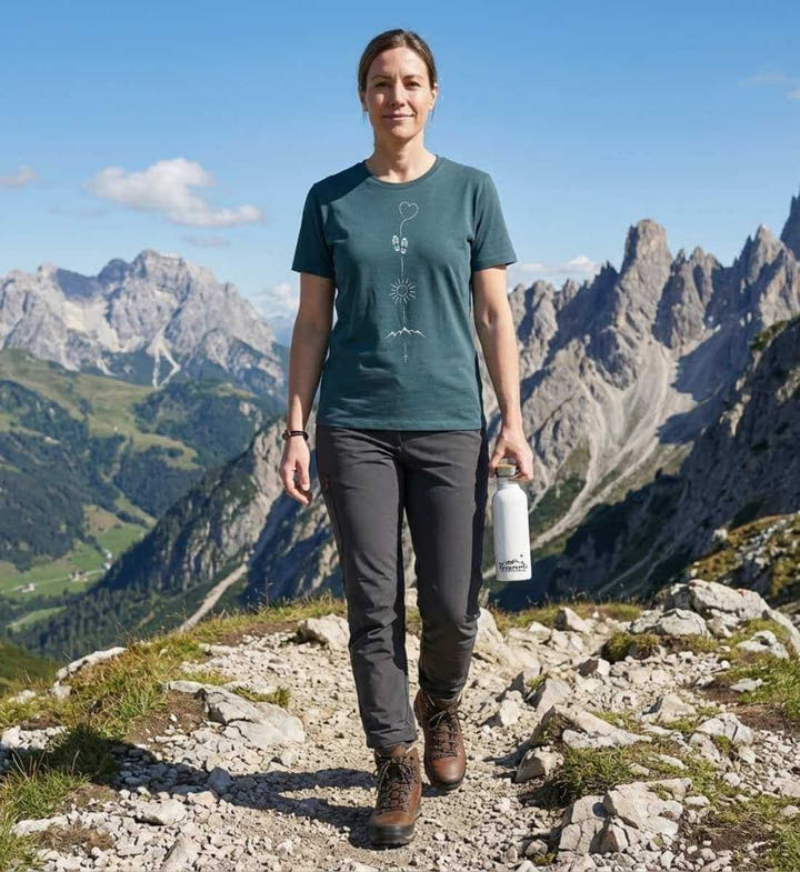Wander Set T-Shirt Damen „Wandern Sonne Berg“ – Modelbild (100% Bio-Baumwolle) von Rad&Rucksack