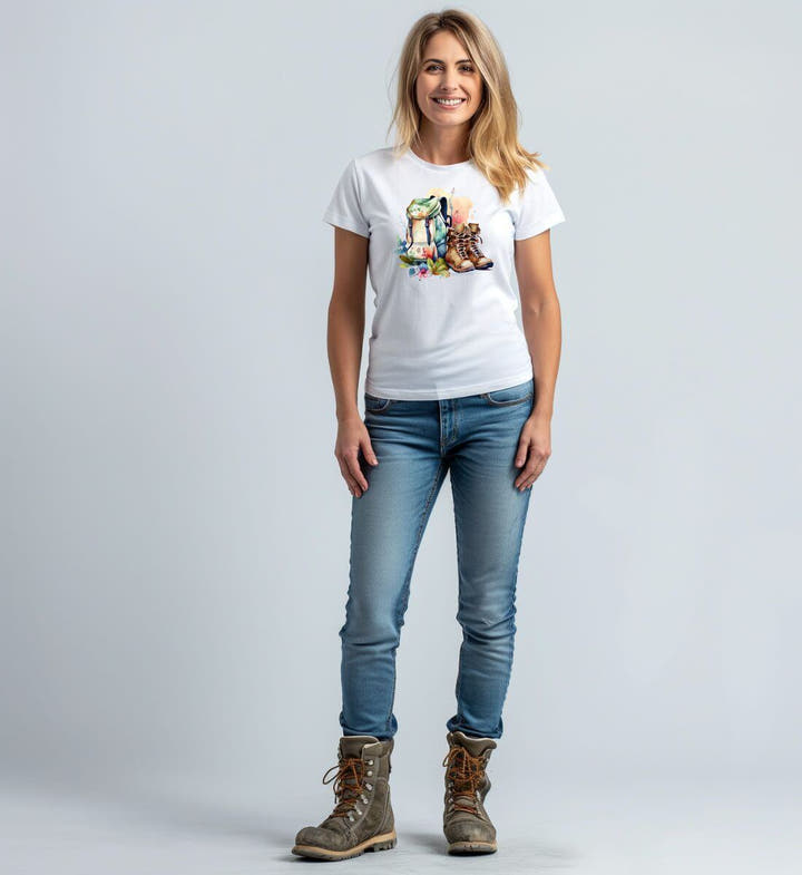 Wanderoutfit Damen Stylisch T-Shirt „Wanderrucksack“ – Modelbild (100% Bio-Baumwolle) von Rad&Rucksack