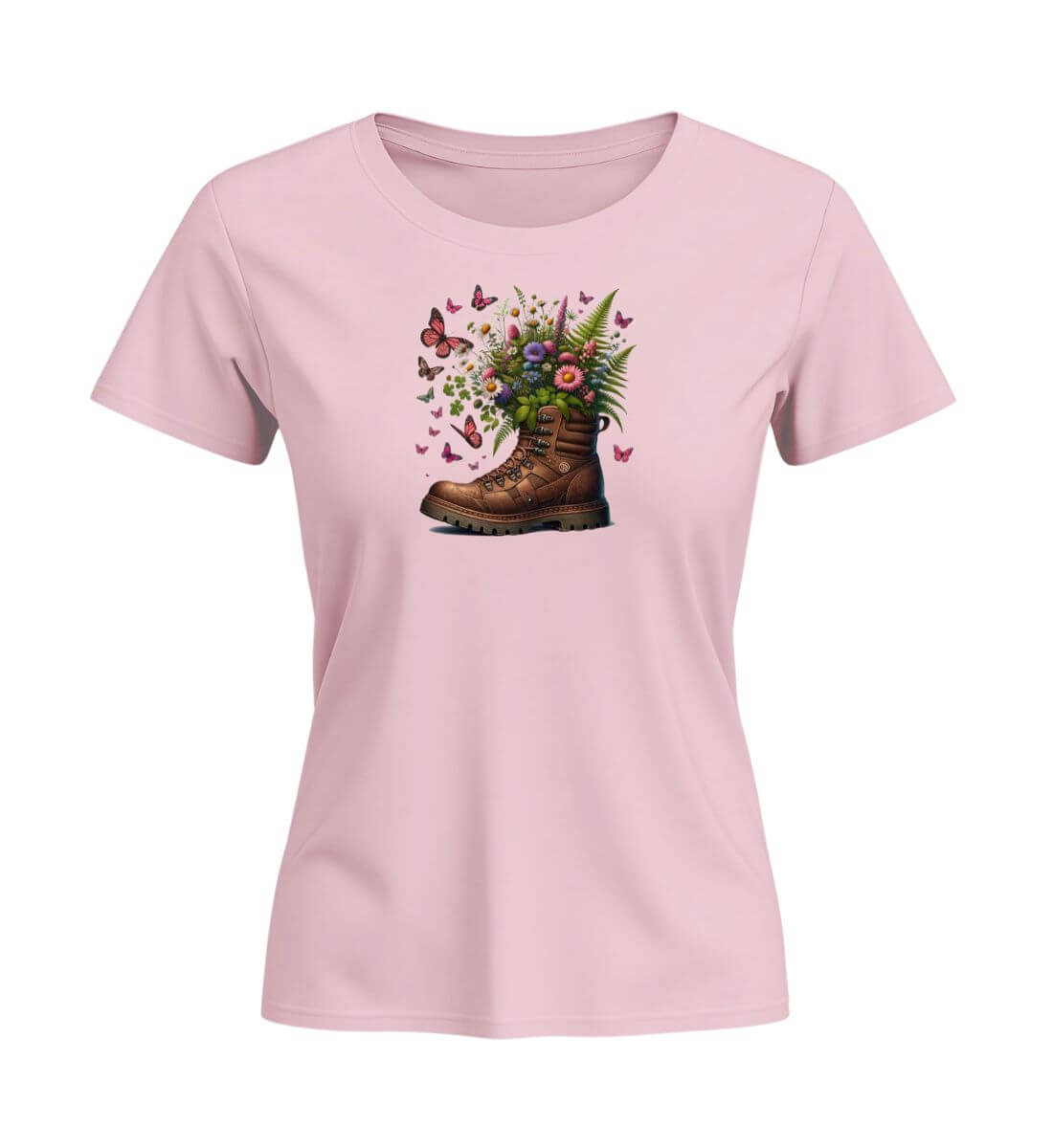 Wanderschuh-Blumen | Damen Premium Organic T-Shirt (Fitted) in Cotton Pink von Rad&Rucksack
