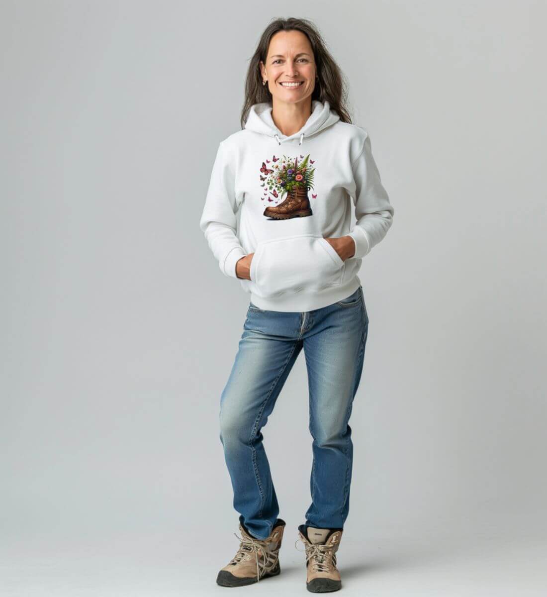 Wanderschuh-Blumen | Unisex Organic Hoodie von Rad&Rucksack - Detailansicht