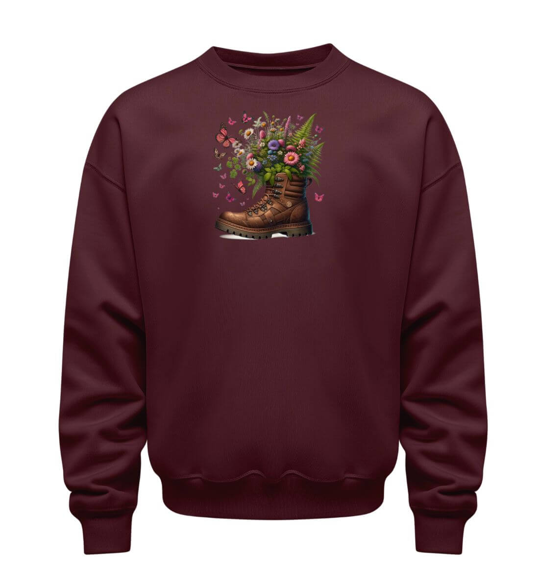 Wanderschuh-Blumen | Unisex Organic Pullover in Burgundy von Rad&Rucksack
