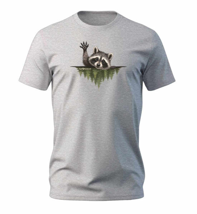 Geschenk Waschbär Hallo T-Shirt in Grau-Melange (Heather Grey) – Produktbild (100% Bio-Baumwolle) von Rad&Rucksack