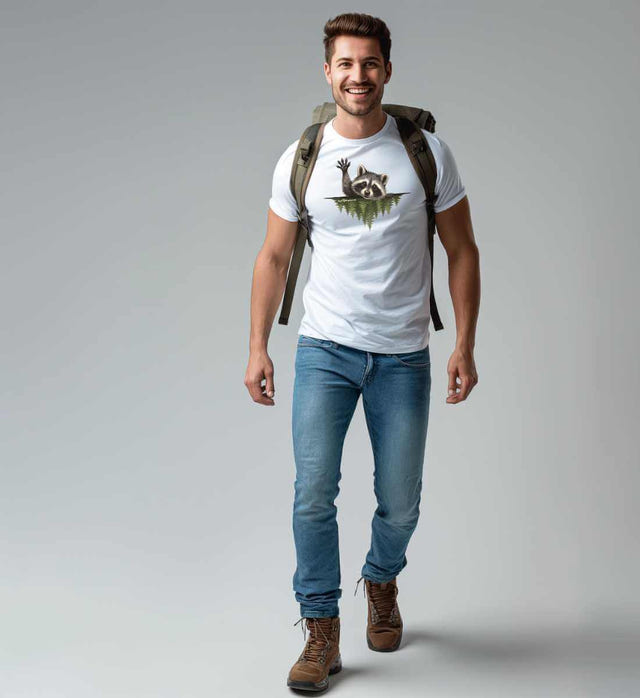 Waschbär Hallo Bio T-Shirt Herren – Modelbild (100% Bio-Baumwolle) von Rad&Rucksack