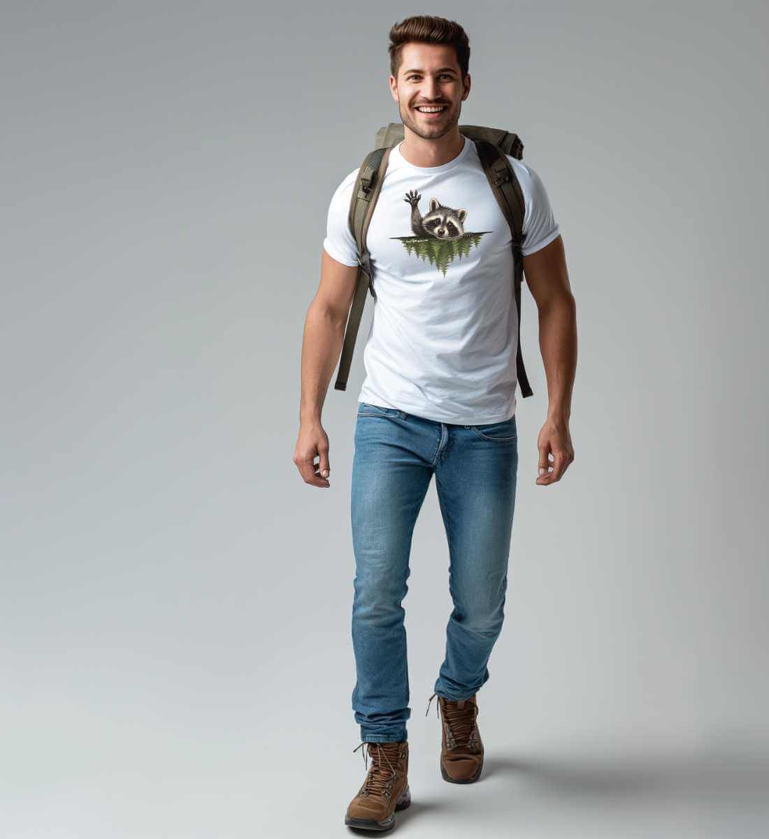 Waschbär Hallo | Herren Premium Organic T-Shirt von Rad&Rucksack - am Model präsentiert