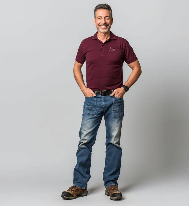 Outdoor Poloshirt mit Stick „Wein Berg Herzschlag“ – Modelbild (240 g/m² Bio-Piqué mit Stick) von Rad&Rucksack