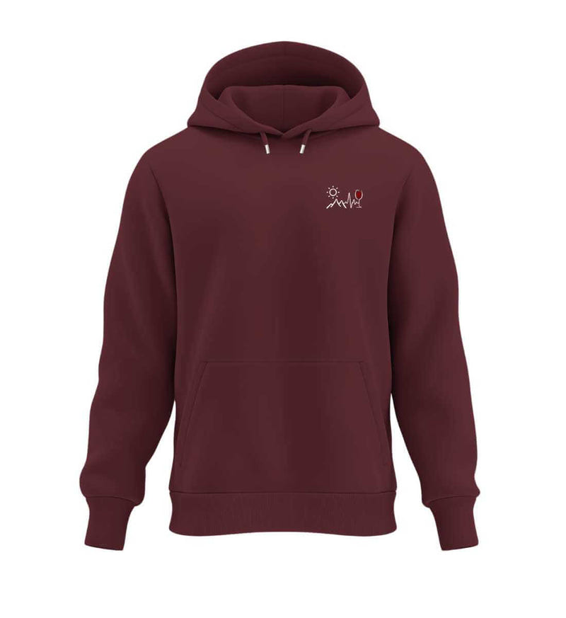 Wein Berg Herzschlag Bio Hoodie in Weinrot (Burgundy) – Produktbild (350 g/m² Bio-Baumwolle) von Rad&Rucksack