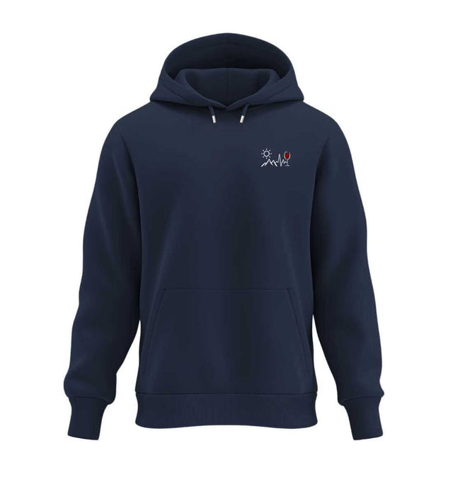 Outdoor Hoodie Wein Berg Herzschlag in Dunkelblau (French Navy) – Produktbild (350 g/m² Bio-Baumwolle) von Rad&Rucksack