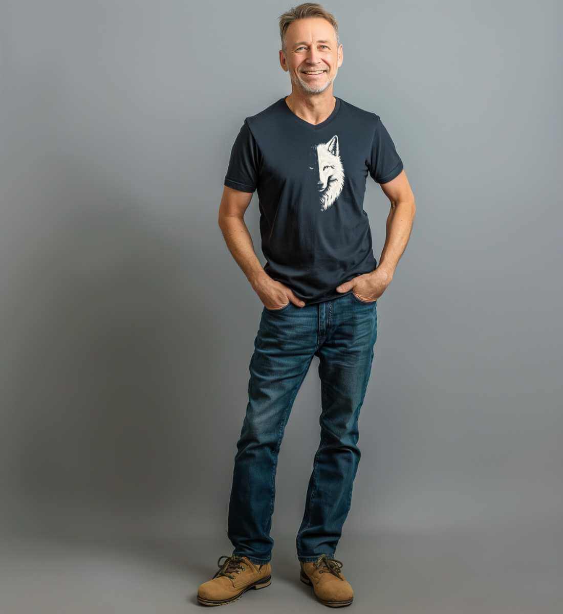 Wolf | Herren V-Neck Premium Organic T-Shirt von Rad&Rucksack - am Model präsentiert