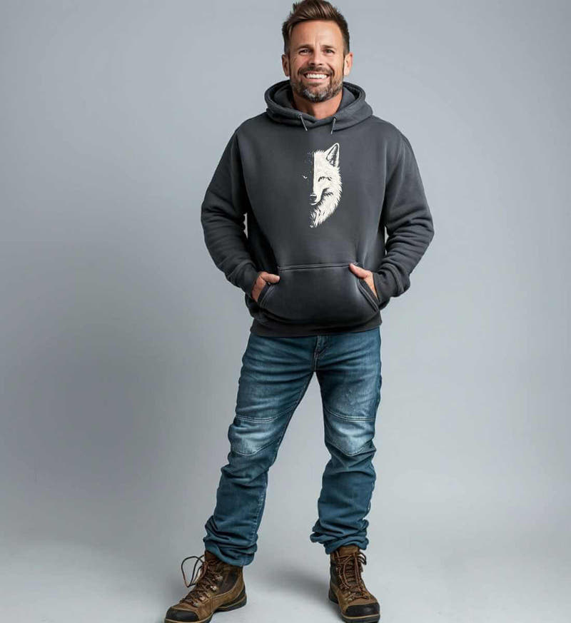 Wolf | Unisex Organic Hoodie von Rad&Rucksack - am Model präsentiert