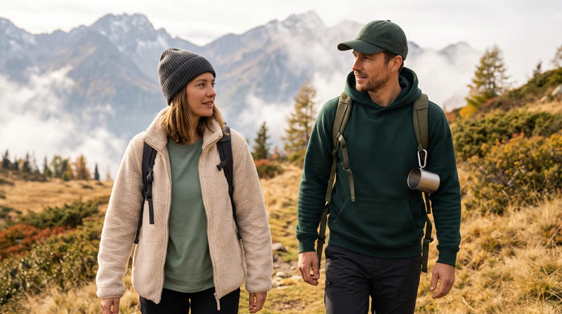 Zwiebelprinzip beim Wandern – So kombinierst du Bio-Shirt, 350 g/m² Hoodie, Sherpa-Fleece & Softshell