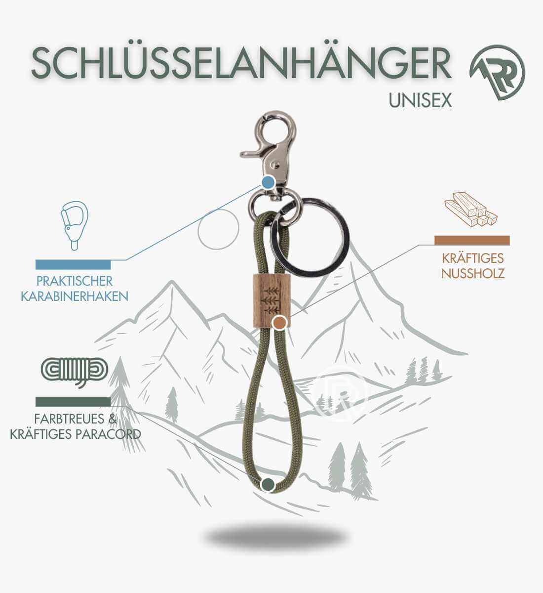 Wald | Nussholz Paracord Schlüsselanhänger | Farbe: Forrest Green | Rad&Rucksack