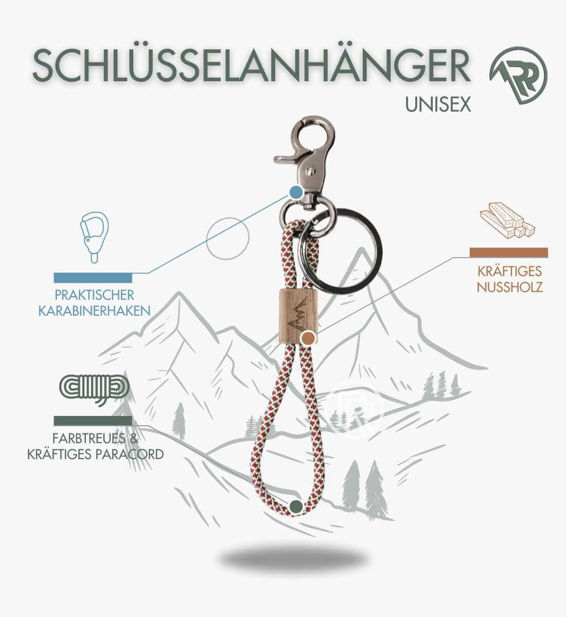 Berge | Nussholz Paracord Schlüsselanhänger | Farbe: Bergwaldrot | Rad&Rucksack