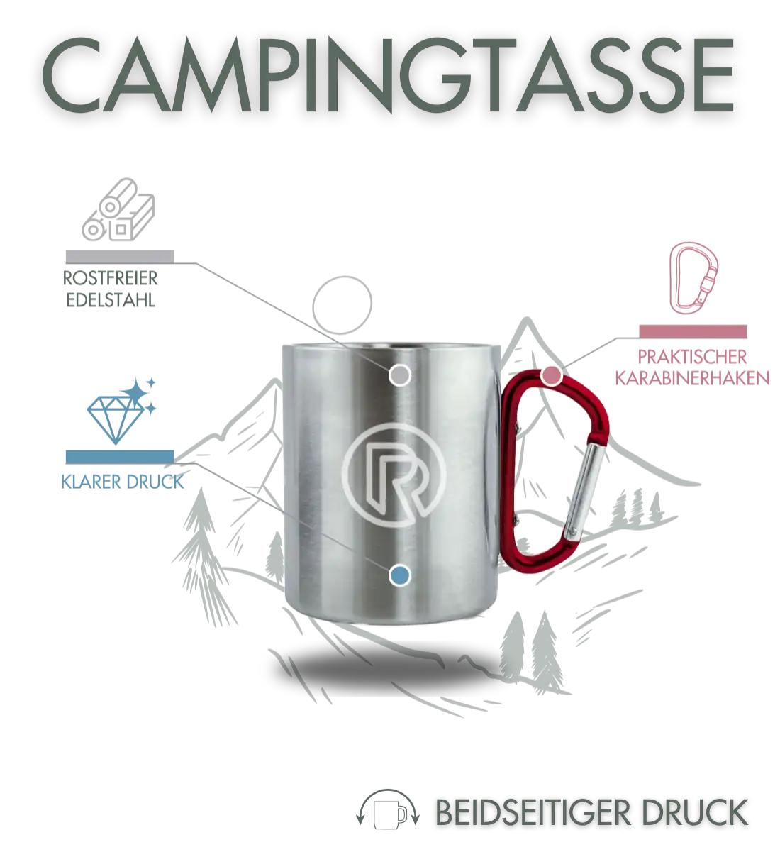 Nebelwald | Edelstahltasse mit Karabinergriff | Farbe: Roter Karabiner | Rad&Rucksack