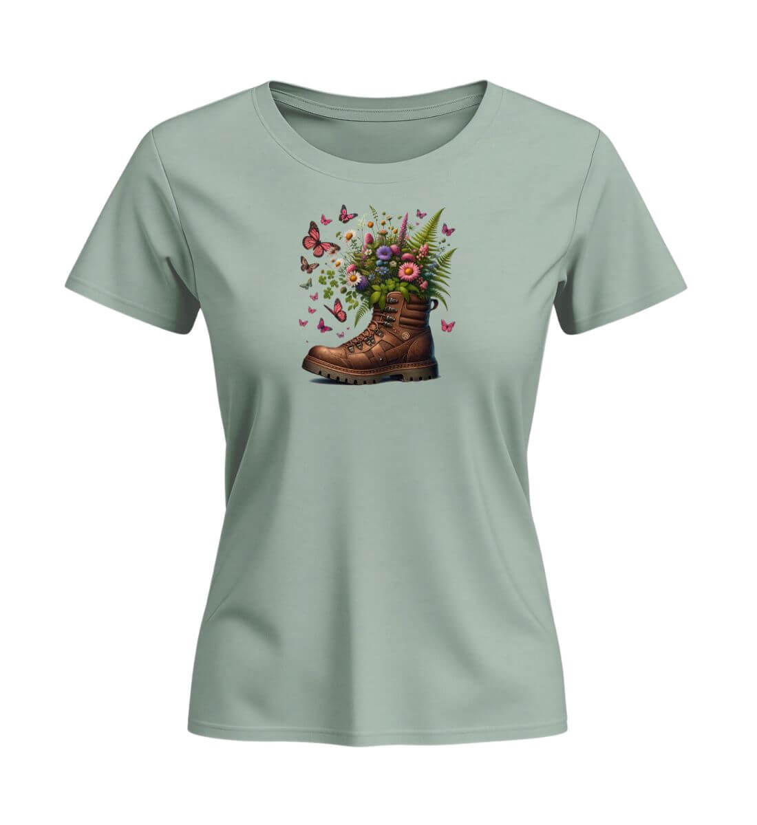 Wanderschuh-Blumen | Damen Premium Organic T-Shirt (Fitted) | Farbe: Aloe | Rad&Rucksack