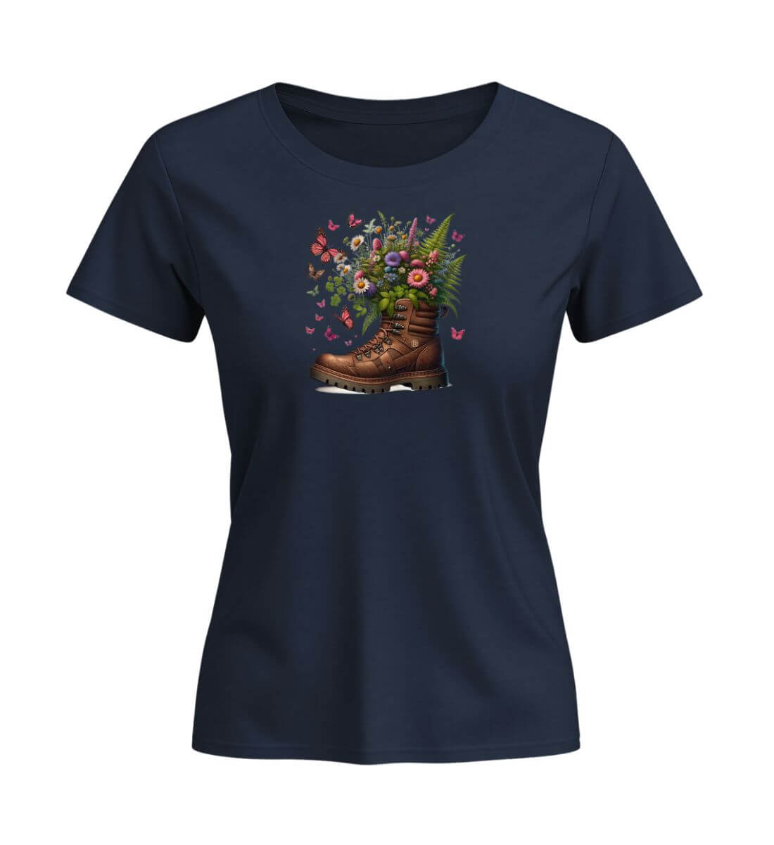Wanderschuh-Blumen | Damen Premium Organic T-Shirt (Fitted) | Farbe: French Navy | Rad&Rucksack