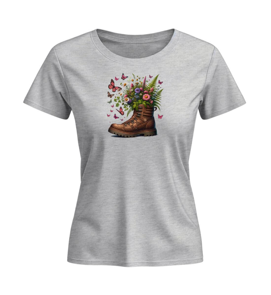 Wanderschuh-Blumen | Damen Premium Organic T-Shirt (Fitted) | Farbe: Heather Grey | Rad&Rucksack