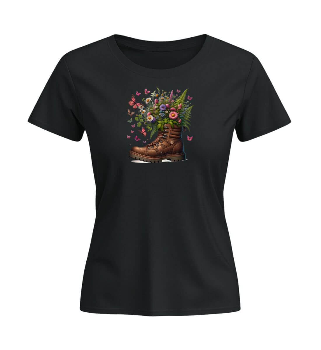 Wanderschuh-Blumen | Damen Premium Organic T-Shirt (Fitted) | Farbe: Schwarz | Rad&Rucksack