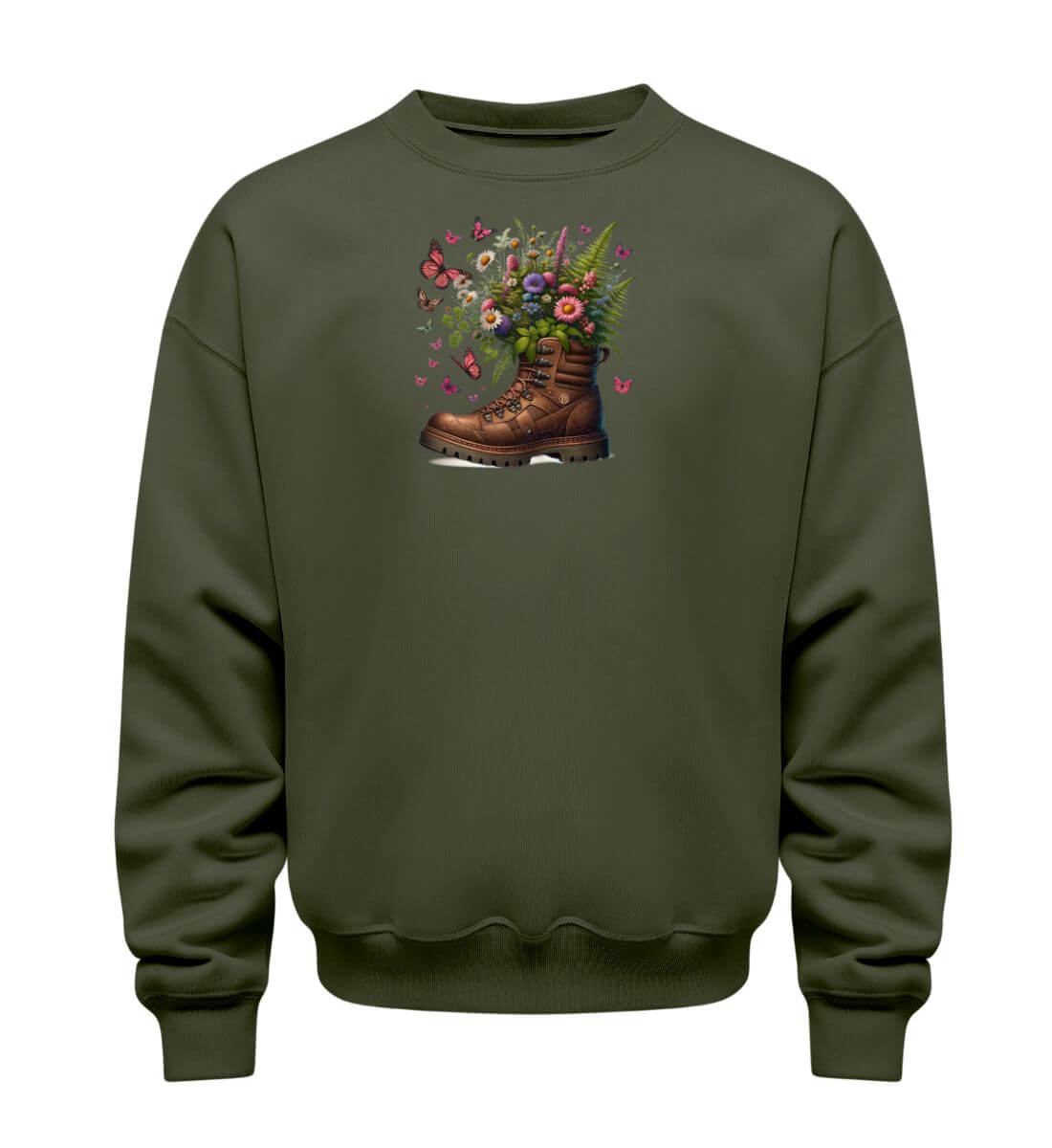 Wanderschuh-Blumen | Unisex Organic Pullover | Farbe: Khaki | Rad&Rucksack