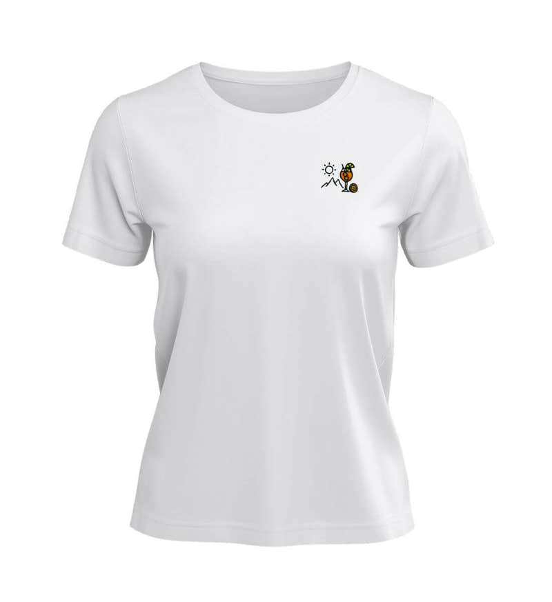 Aperol Berge T-Shirt mit Stick Damen „Aperol Sonne Berg“ in Weiß (White) – Produktbild (100% Bio-Baumwolle) von Rad&Rucksack