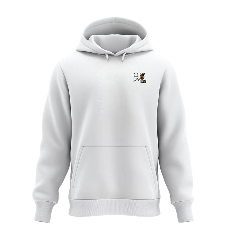 Aperol Stick Hoodie „Aperol Sonne Berg“ in Weiß (White) – Produktbild (350 g/m² Bio-Baumwolle) von Rad&Rucksack