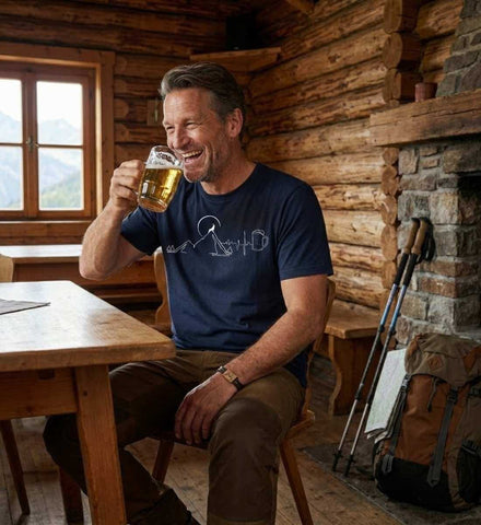 Geschenk Berg Bock Bier T-Shirt – Detailaufnahme (100% Bio-Baumwolle) von Rad&Rucksack