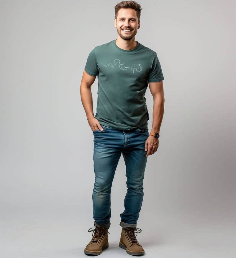 Berg Herzschlag Bier Bio T-Shirt Herren – Modelbild (100% Bio-Baumwolle) von Rad&Rucksack